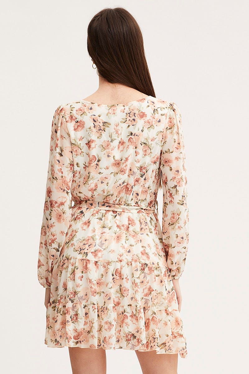 Print Mini Dress Long Sleeve V Neck