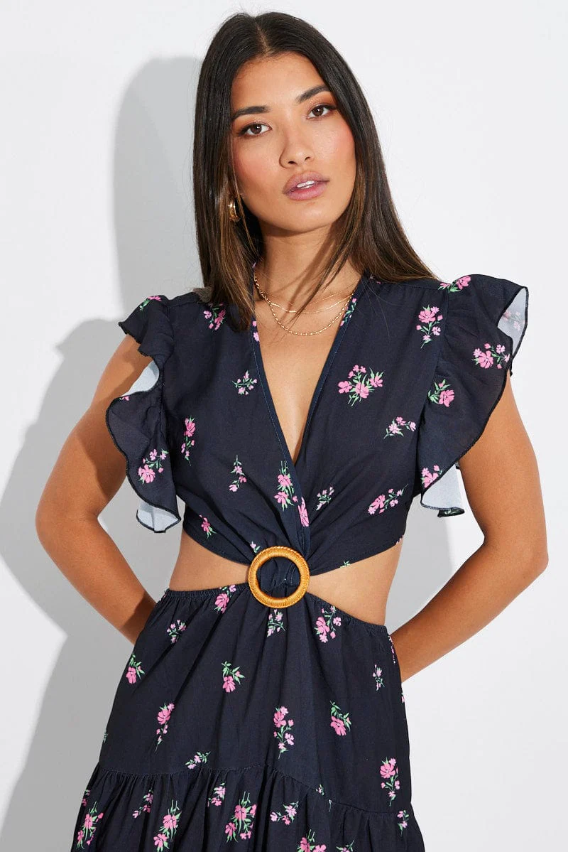 Black Floral Maxi Dress Flutter Ruffle Shoulder Buckle Dress