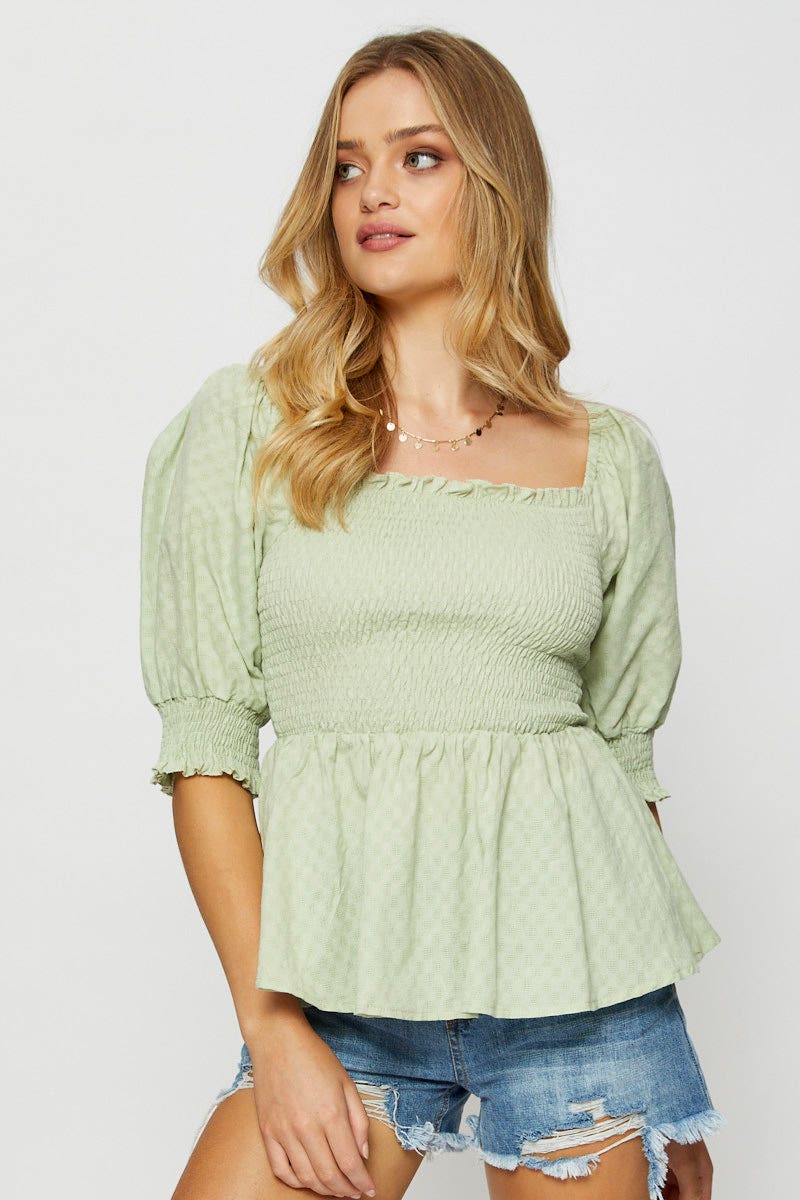 Green Peplum Top Short Sleeve Round Neck