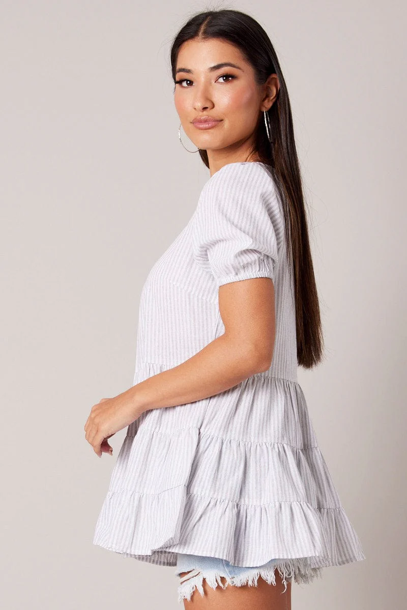 White Stripe Smock Top Short Sleeve Tiered