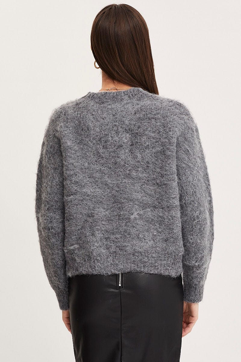 Grey Knit Top Long Sleeve Round Neck