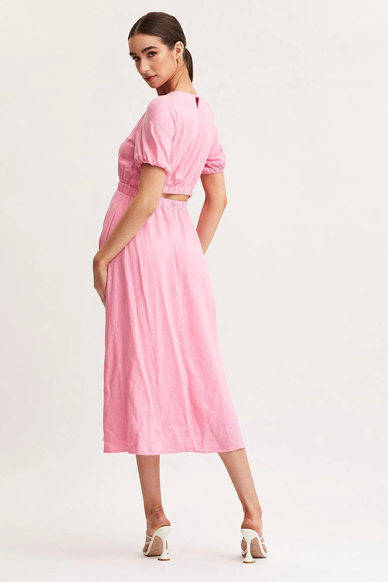 Pink Linen Blend Midi Dress