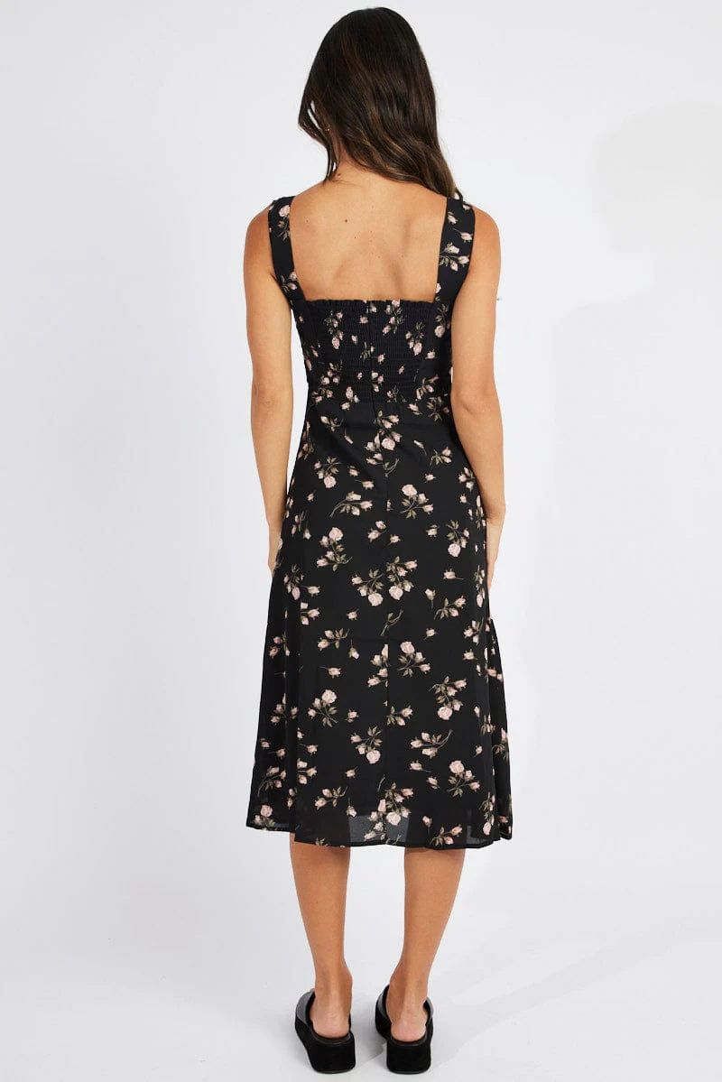 Black Floral Midi Dress Sleeveless