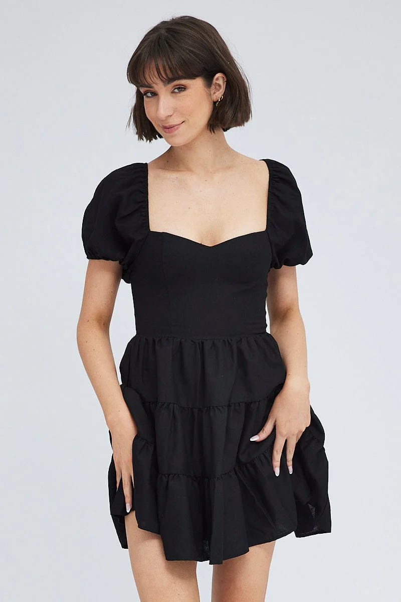 Black Fit And Flare Dress Puff Sleeve Mini