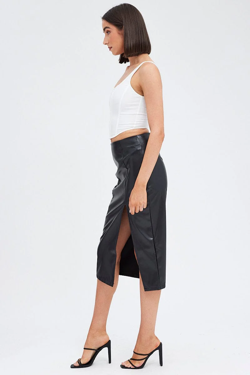 Black Midi Skirt Front Split Faux Leather