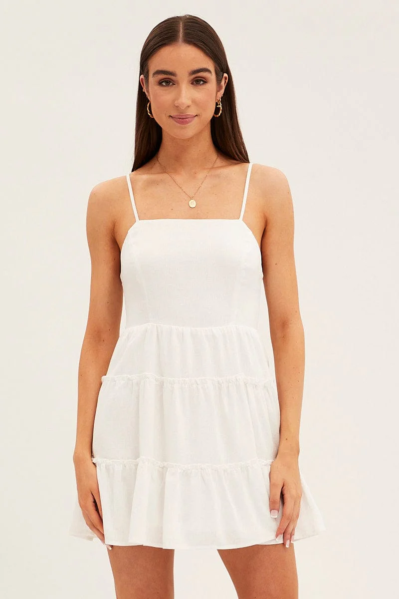 White Skater Dress Square Neck Linen Blend Frill Detail