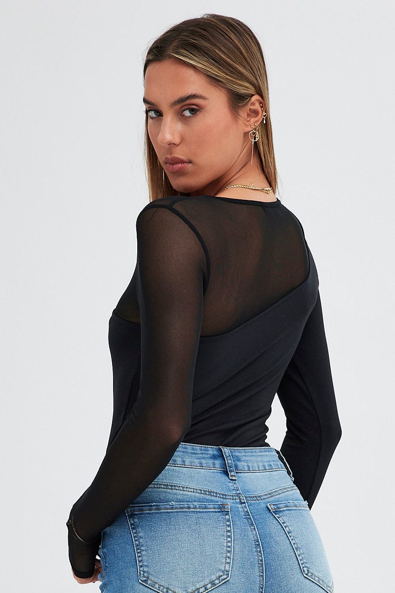 Black Bodysuit Round Neck Long Sleeve