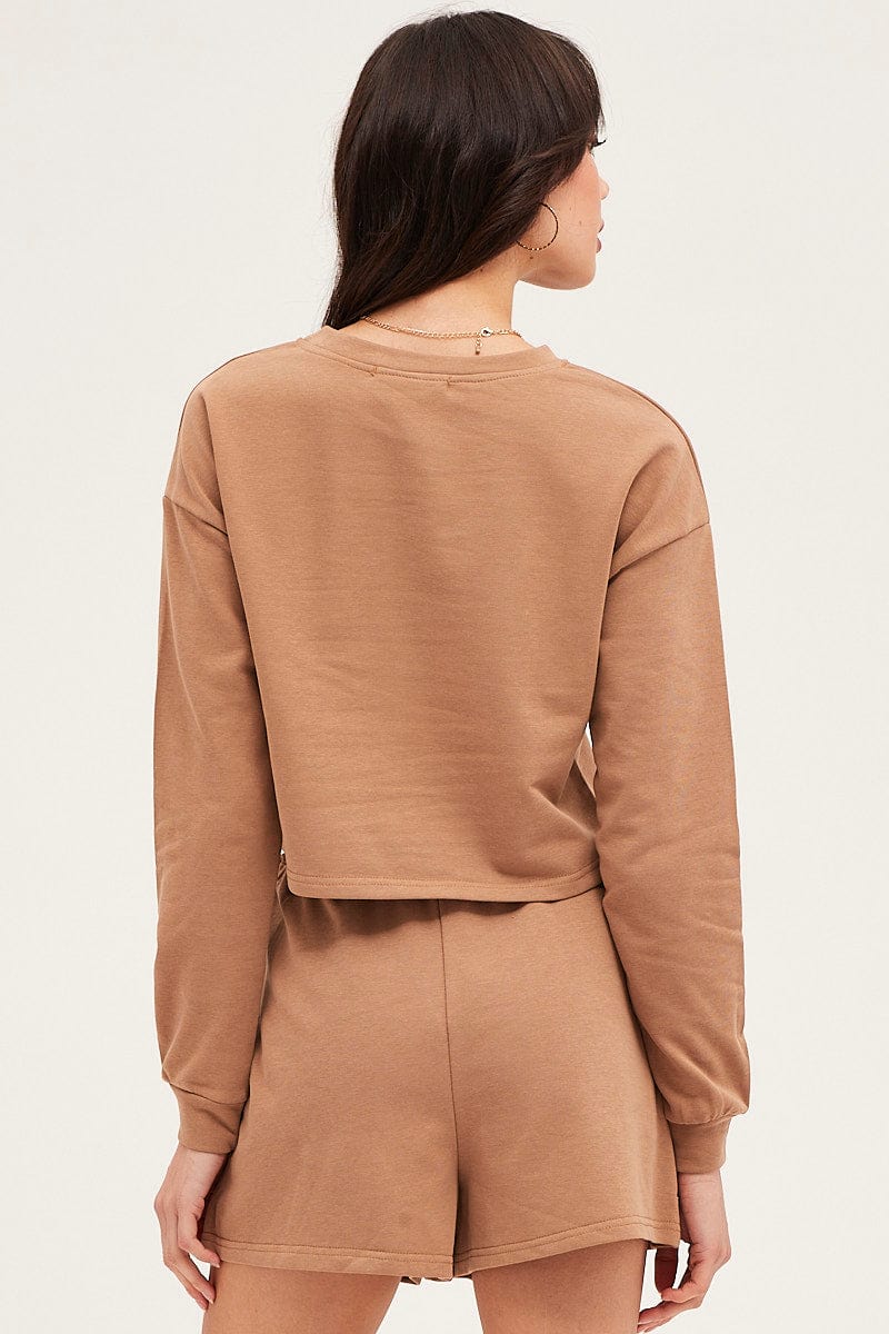 Brown Sweatshirts Crop Cotton