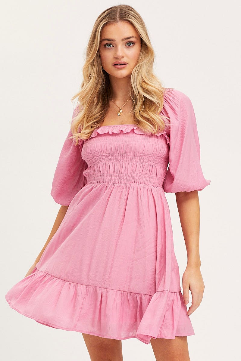 Pink Mini Dress Short Sleeve Evening