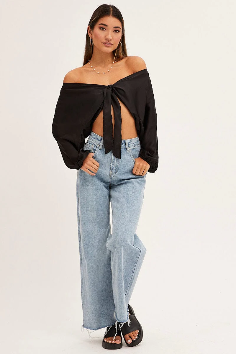 Black Bolero 3/4 Sleeve Tie Front Crop Satin