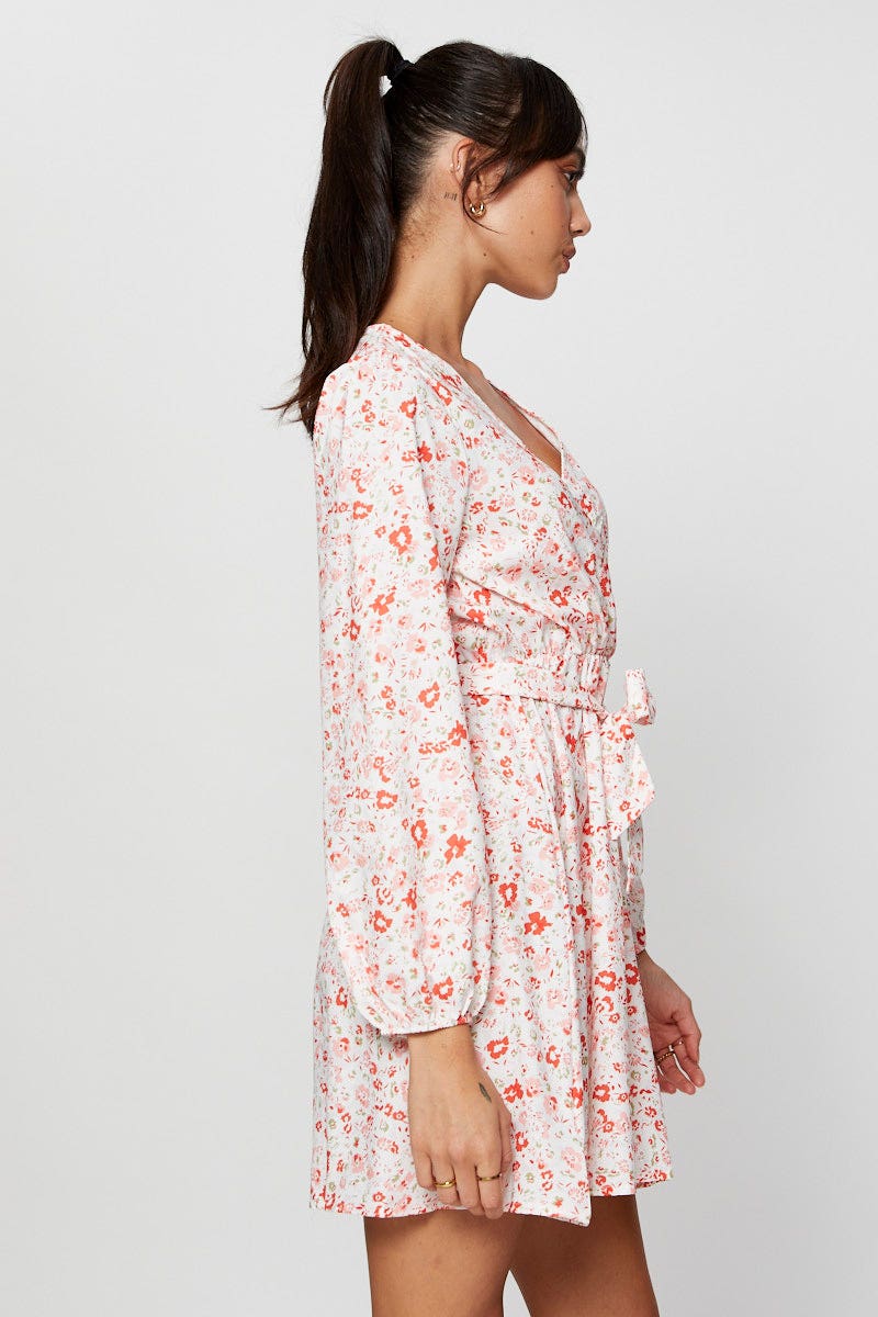 Print Wrap Dress Long Sleeve Mini