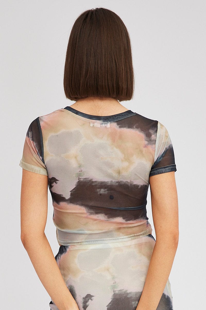 Brown Abstract Top Short Sleeve