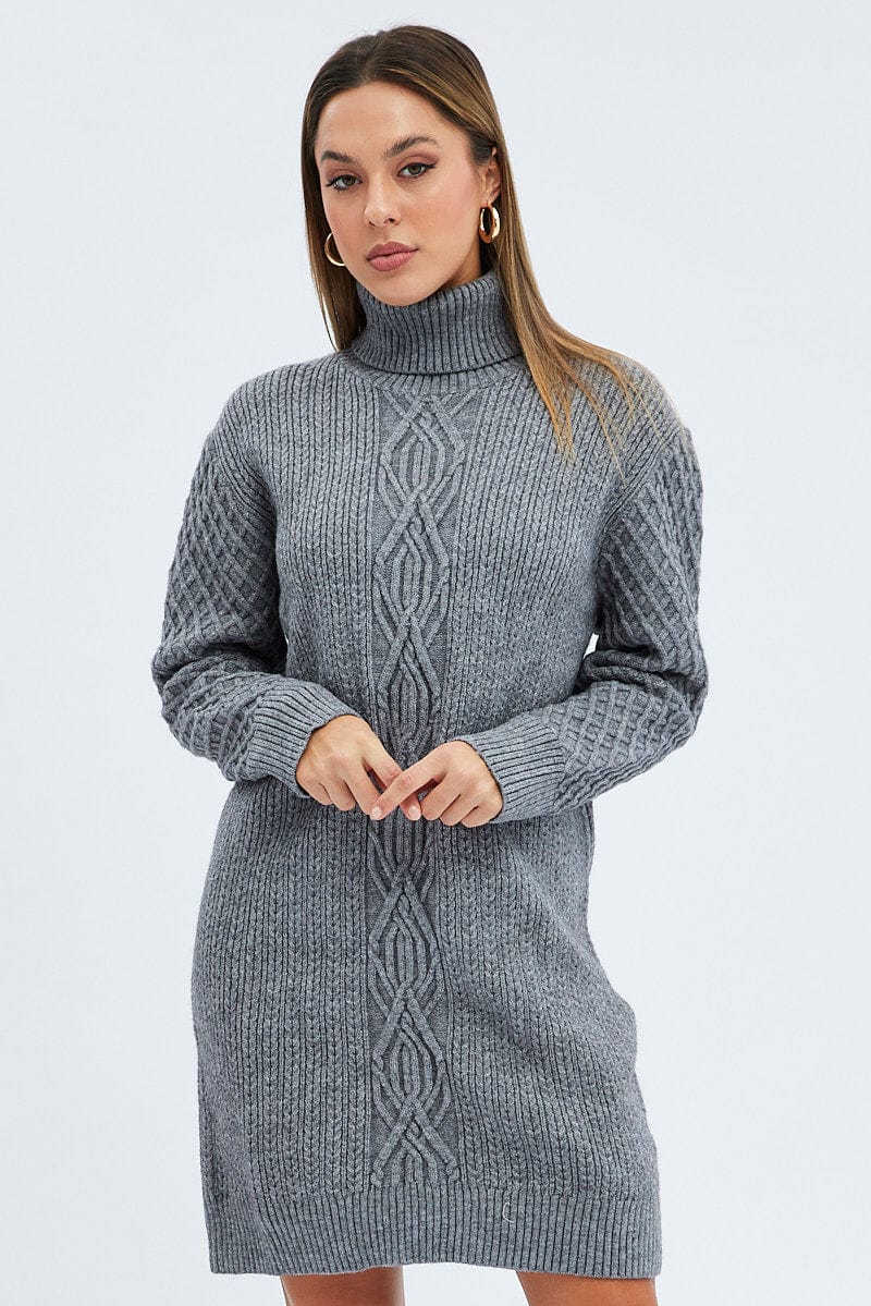 Grey Knit Dress Long Sleeve Turtleneck Cable