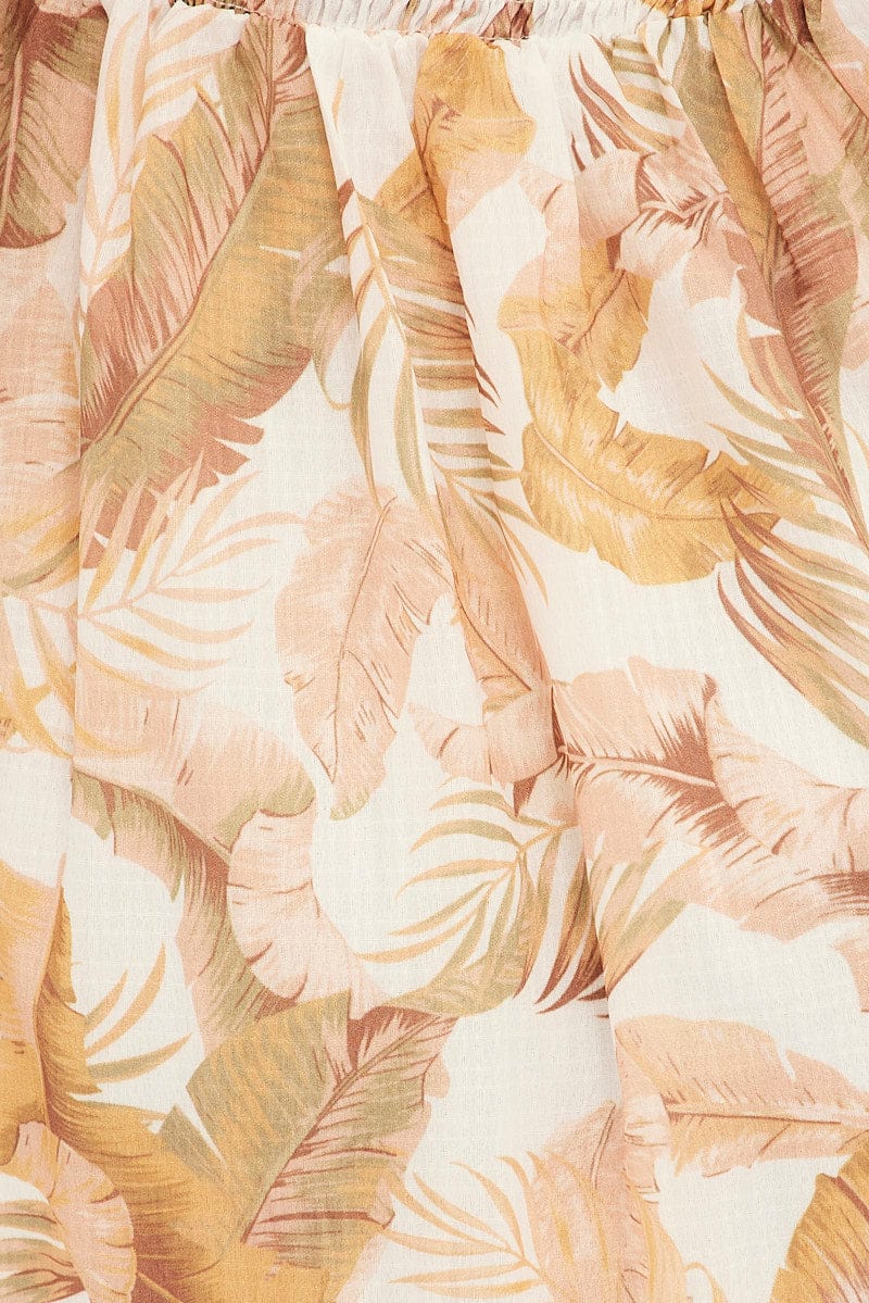 Beige Floral Midi Dress Square Neck Short Sleeve