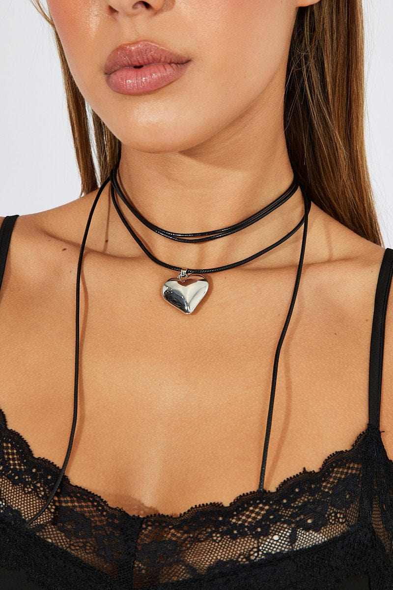 Silver Heart Pendent Cord Necklace