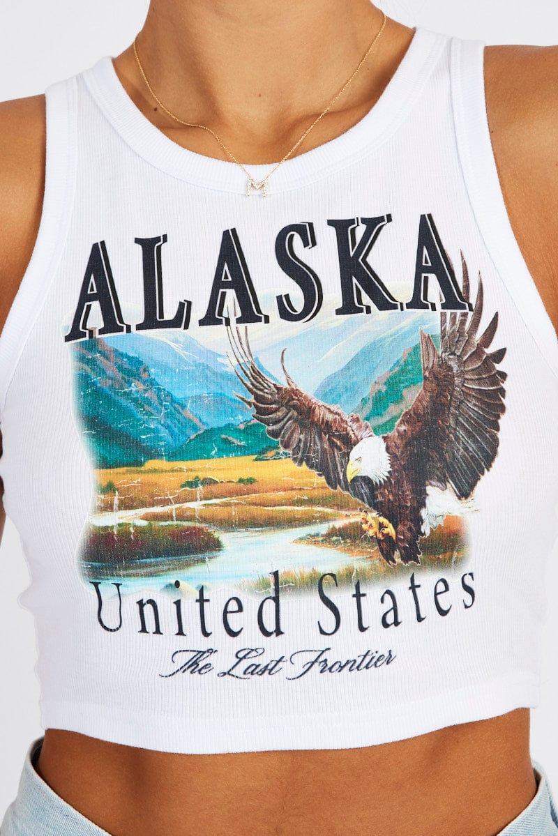 White Graphic Tank Top Eagle Alaska Crop Top