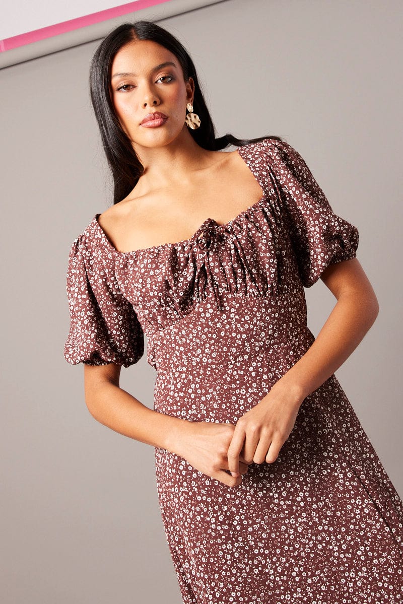 Brown Ditsy Midi Dress Puff Sleeve Midi
