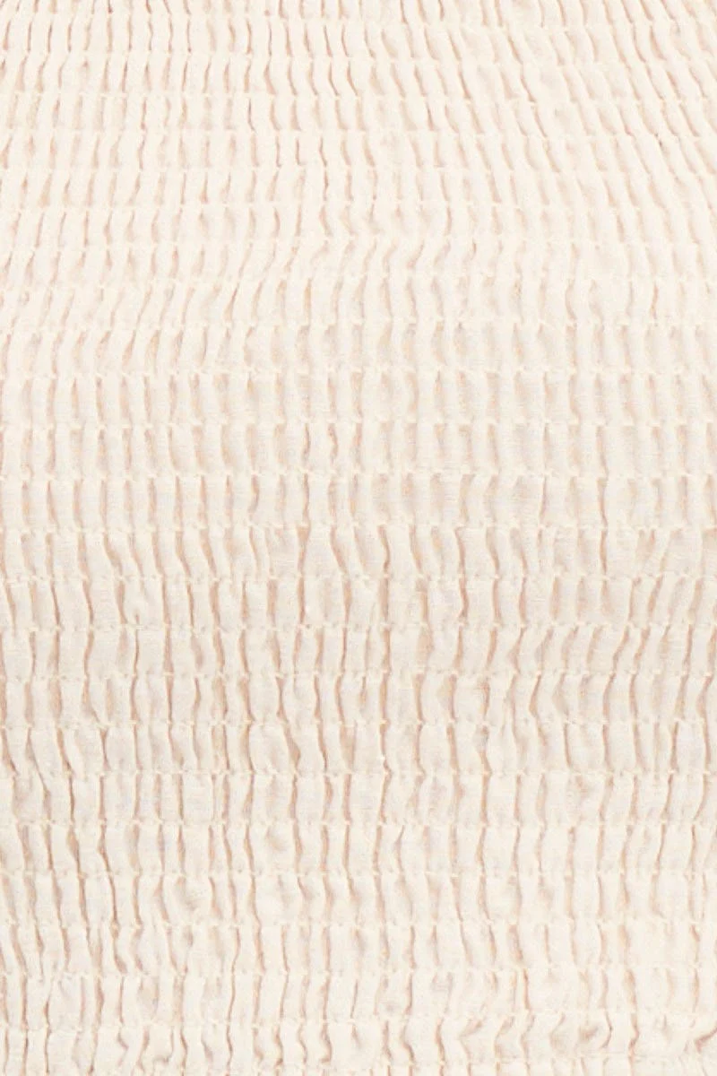 White Linen Blend Half Sleeve Shirred Cropped Top