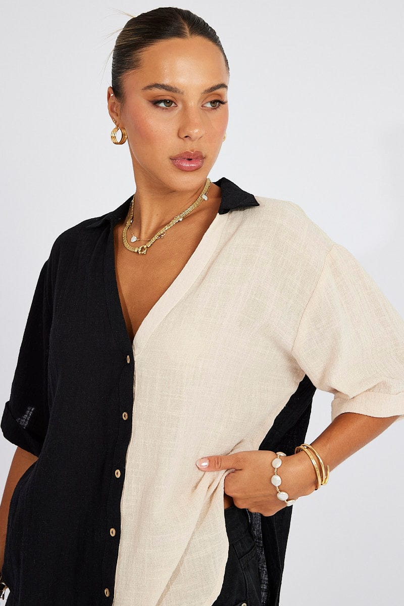 Black Colour Block Shirt Half Sleeve Relaxed Linen