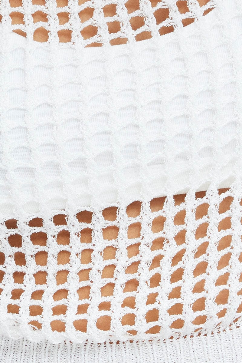 White Crochet Knit Top Long Sleeve Square Neck