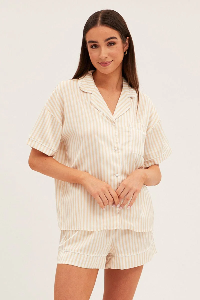 Brown Stripe Pyjamas Set Short Sleeve Collared Shorts Satin