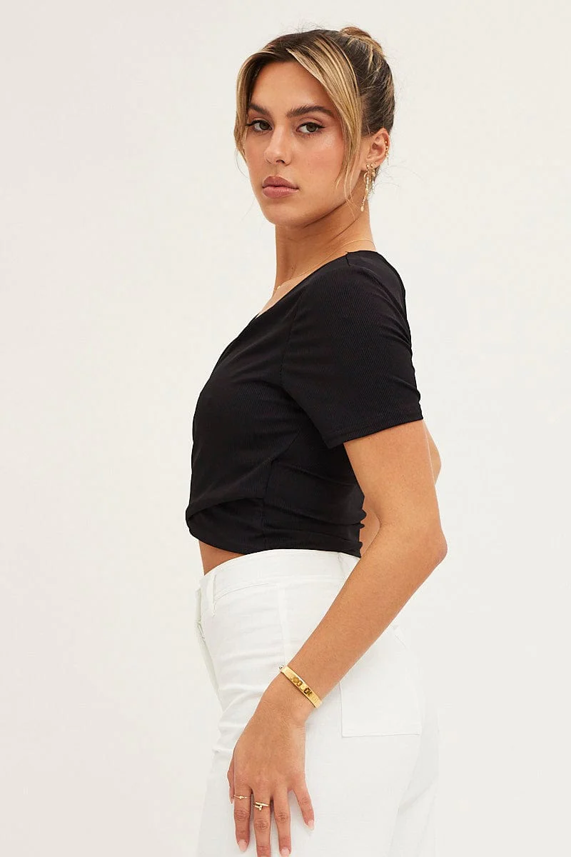 Black Short Sleeve V Neck Rib Jersey Crossover Top