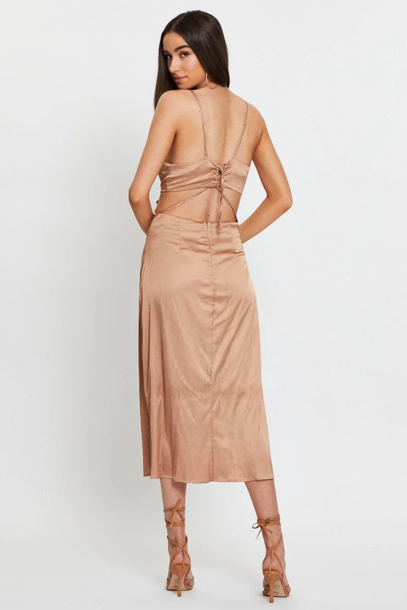 Brown Midi Dress Satin