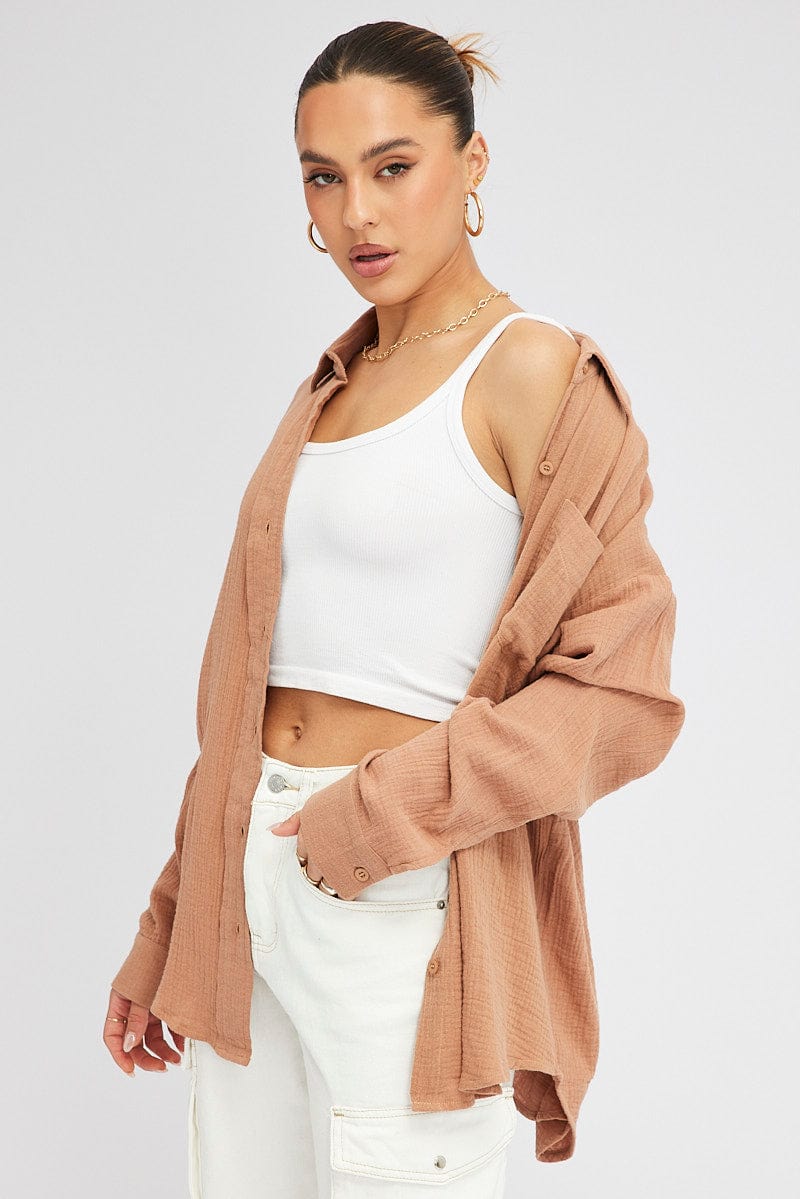 Brown Oversized Shirt Long sleeve Collared Neck