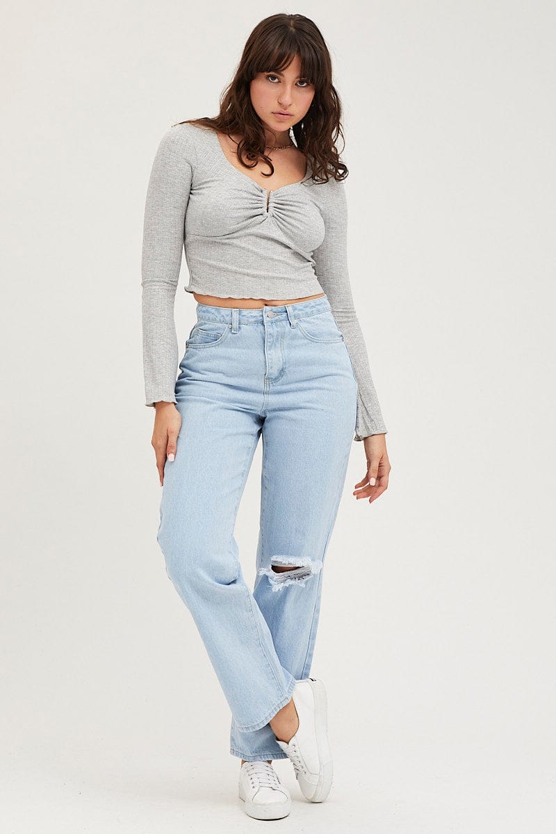 Grey Ring Detail Top Long Sleeve