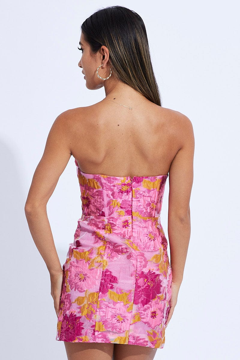 Pink Floral Mini Dress Strapless Bodycon