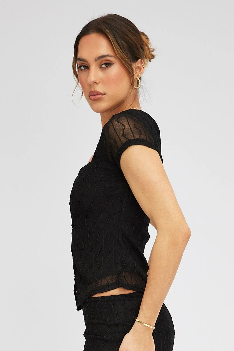 Black Top Short Sleeve Sweetheart Keyhole Hook & Eye