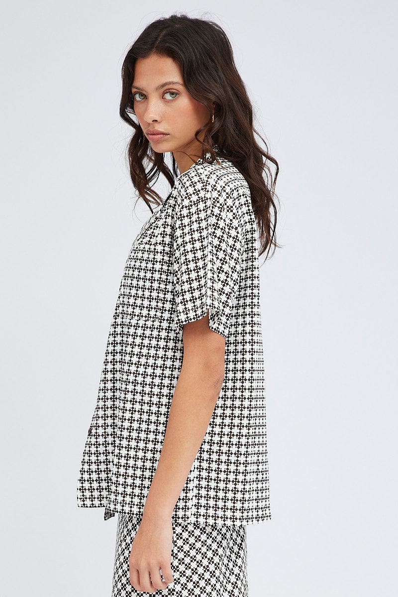 Brown Geo Shirt Short Sleeve Collared Neck