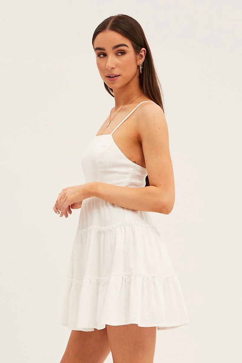 White Skater Dress Square Neck Linen Blend Frill Detail
