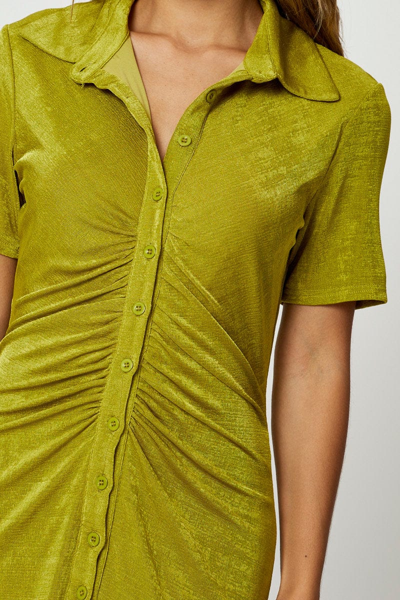 Green Button Front Ruched Shirt Dress