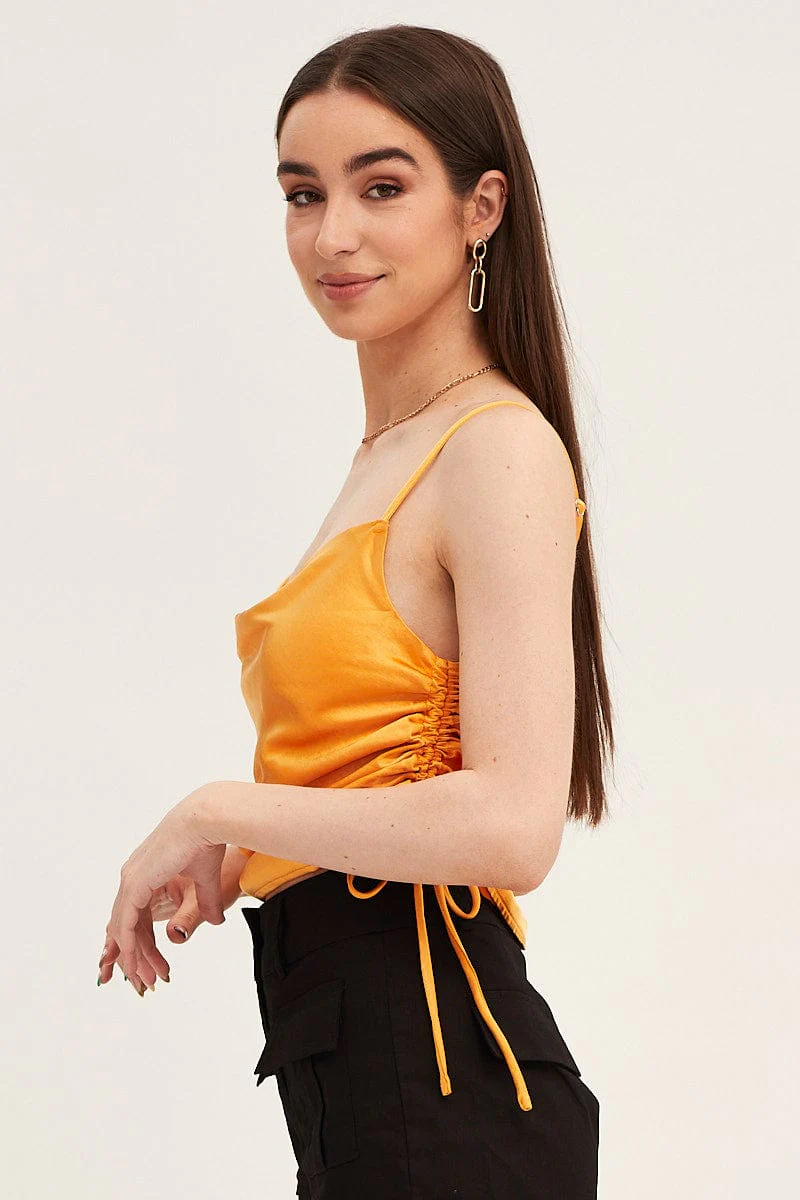 Orange Cami Top Sleeveless Cowl Neck Satin