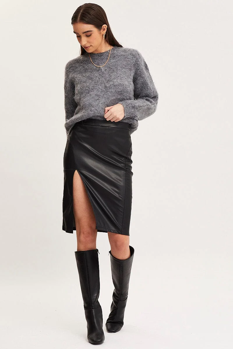 Grey Knit Top Long Sleeve Round Neck