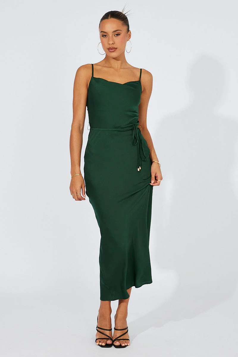 Green Maxi Dress Cowl Neck Satin