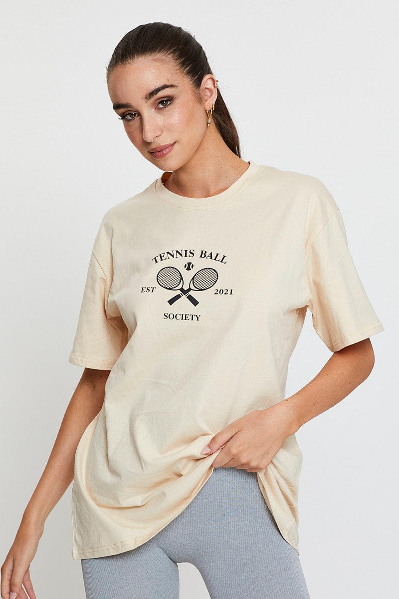 Beige Graphic T Shirt Short Sleeve Oversized
