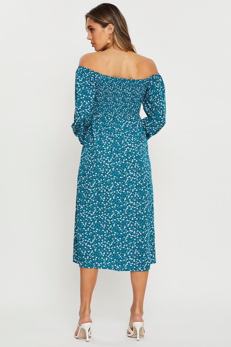 Print Midi Dress Off Shoulder