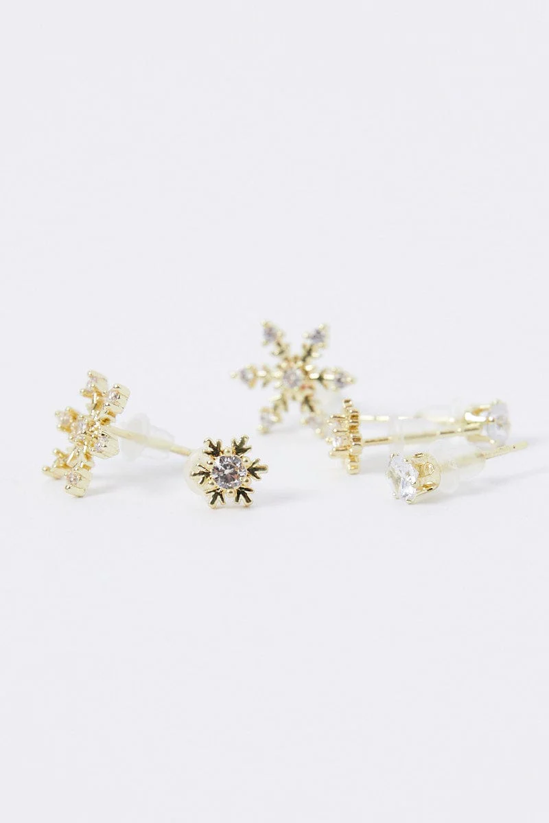Gold 3 Pack Snowflakes Earrings Set