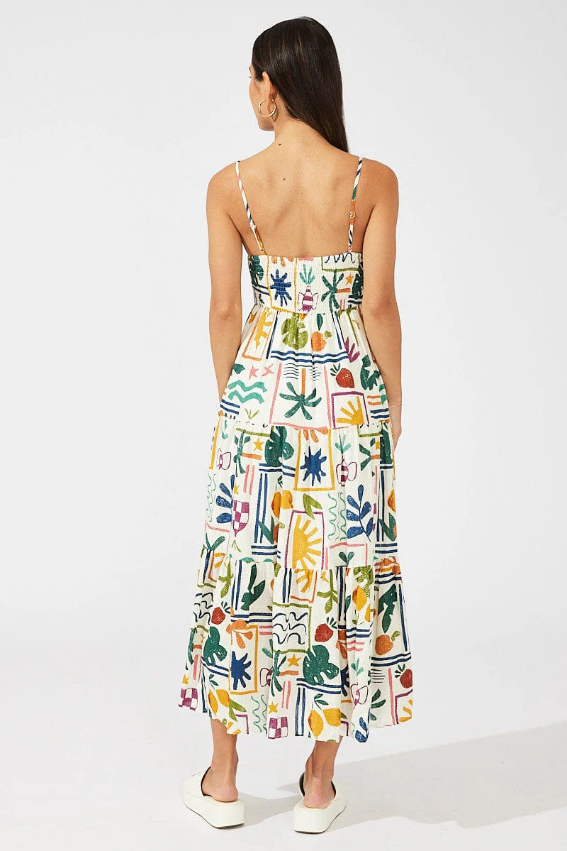 Multi Abstract Midi Dress Sleeveless V-Neck