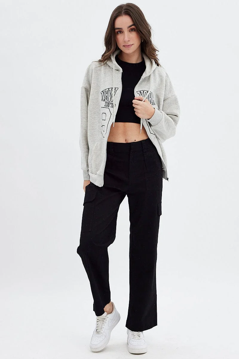 Grey Hoodie Zip Long Sleeve New York Embroidery