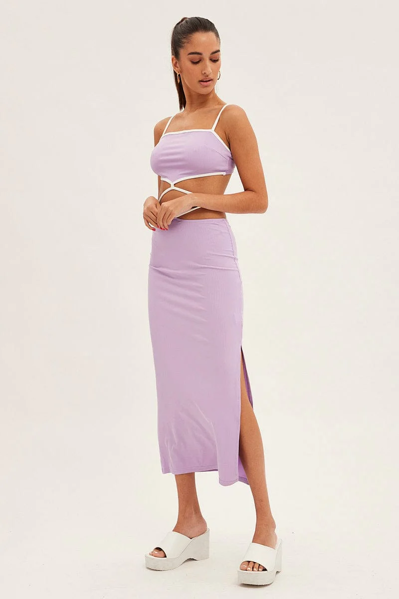 Purple Midi Skirt Bodycon Tie Contrast Ribbed