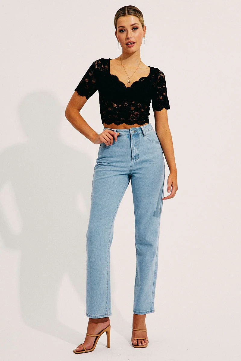 Black Lace Top Short Sleeve V Neck Crop