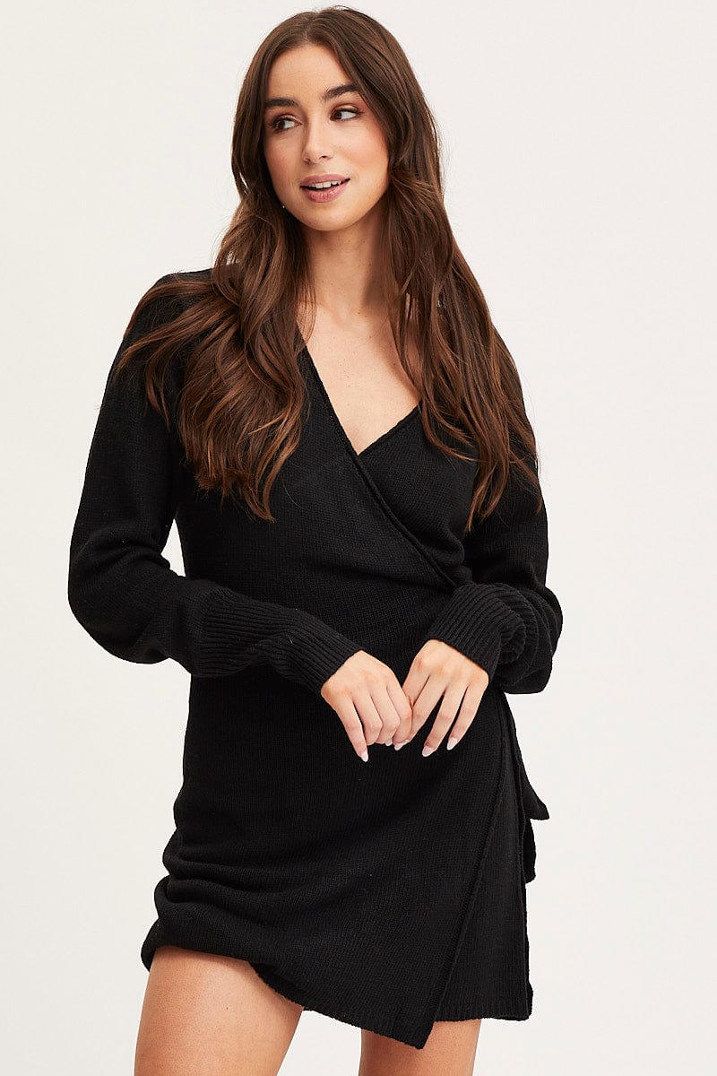 Black Wrap Dress Long Sleeve Mini Knit