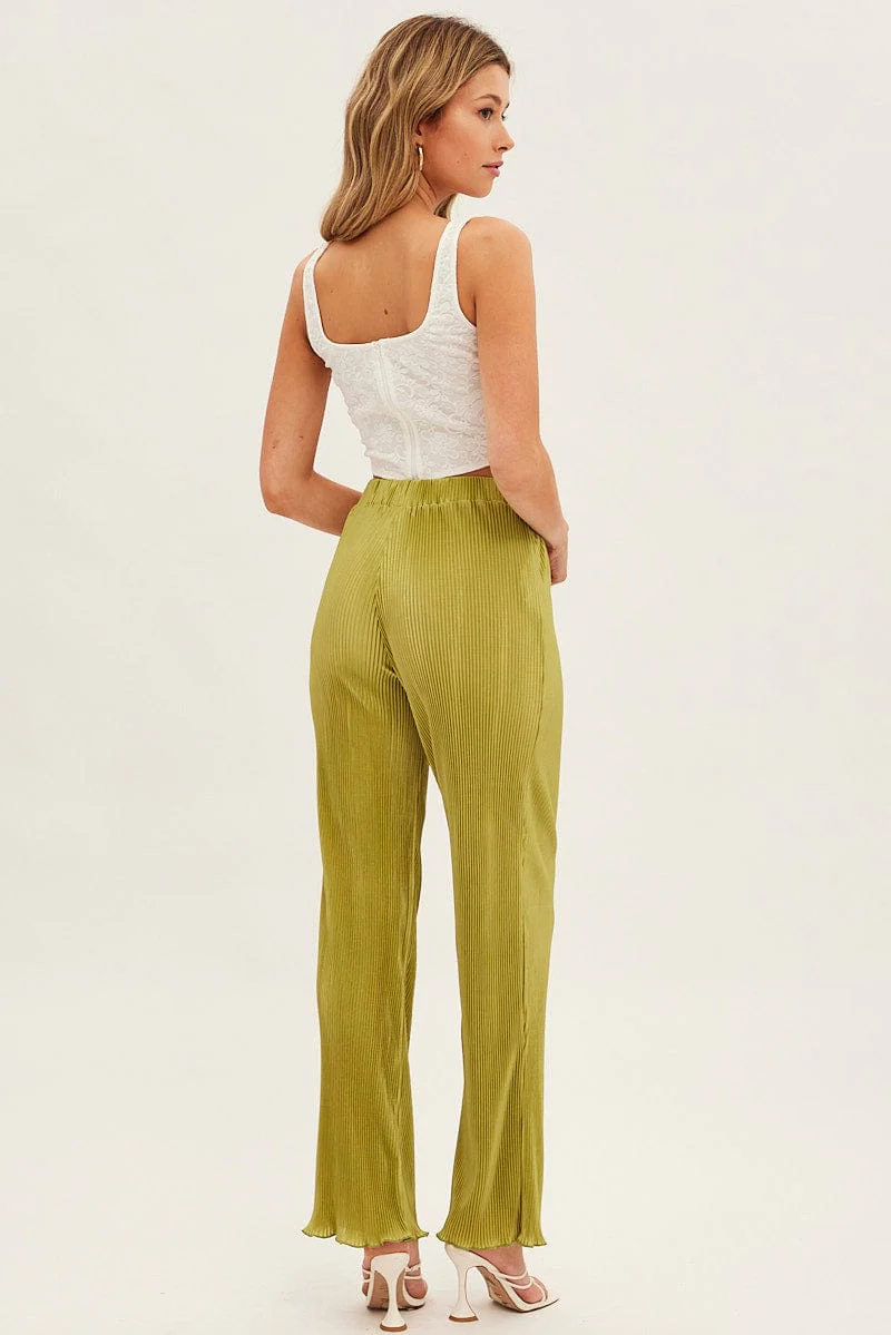 Green Plisse Pant Wide Leg Elastic Waist Lettuce Edge