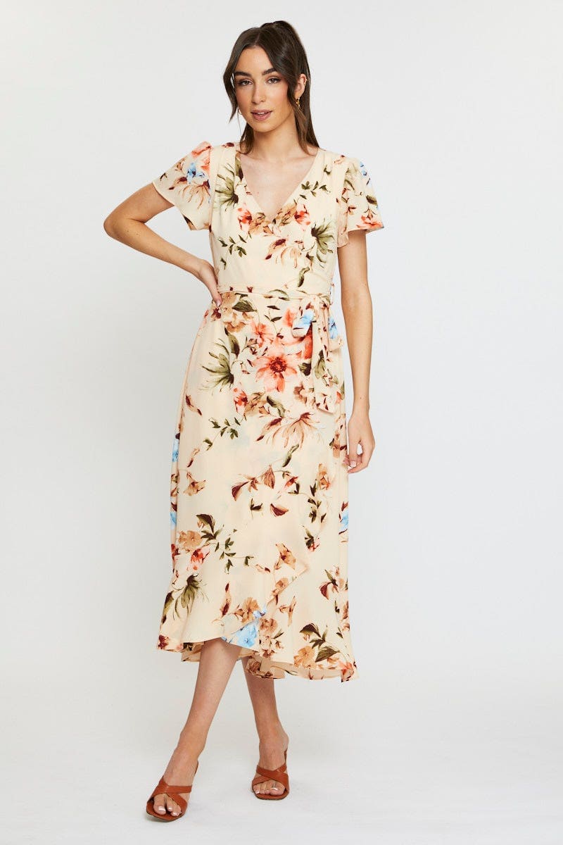 Print Midi Dress Short Sleeve V Neck