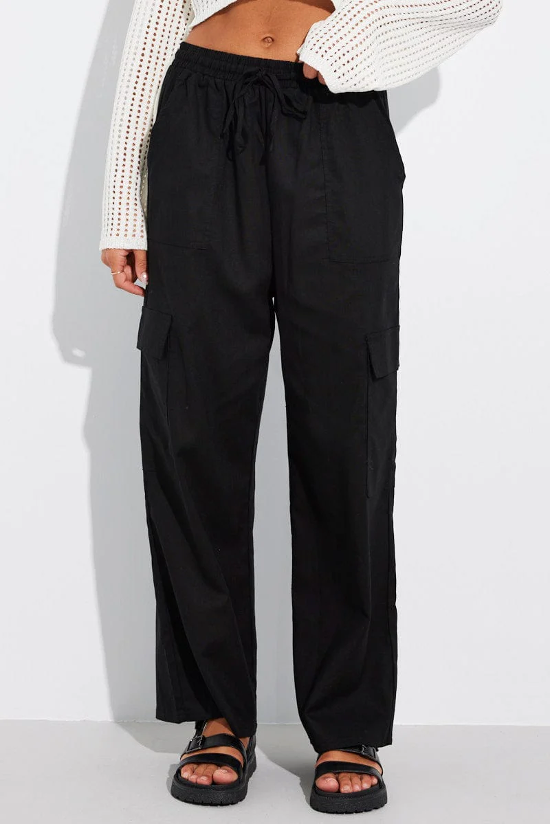 Black Relaxed Cargo Pant Elasticated Waist