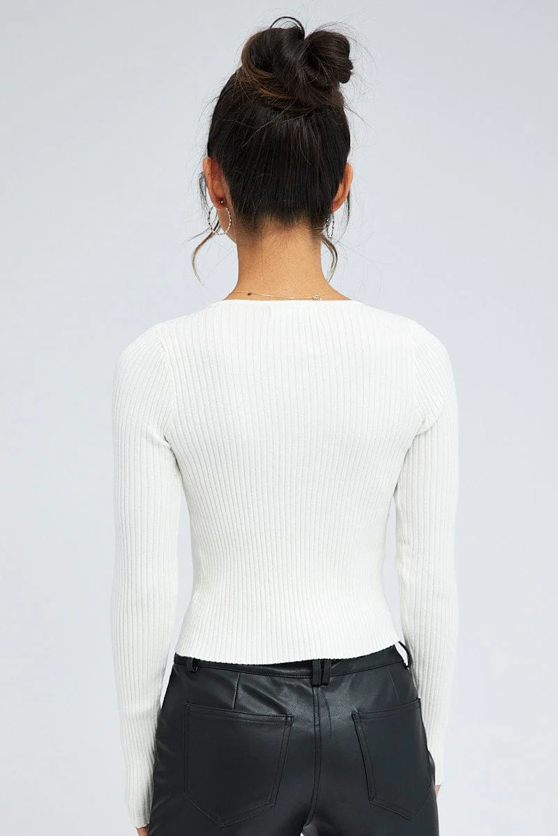 White Cut Out Knit Top Long Sleeve
