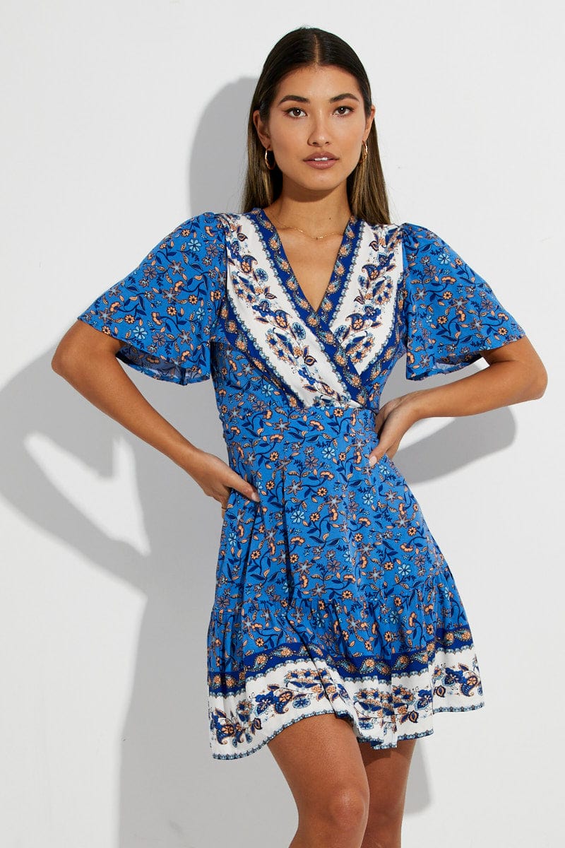 Blue Boho Boho Wrap Mini Dress